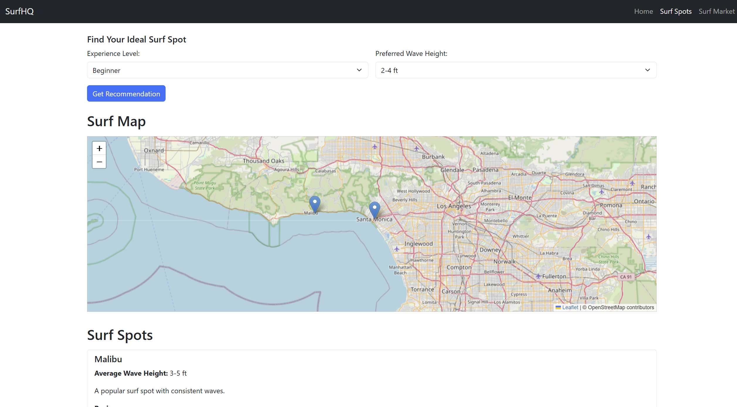 SurfHQ map with recommended spots